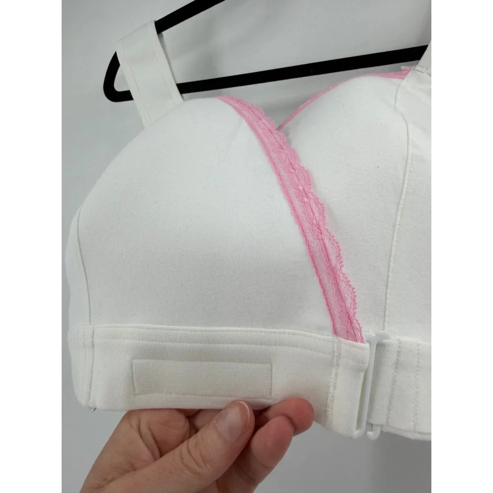 NWT FionaBra Front Wrap Closure Bra Women 4XL White Pink Lace Trim Adaptive